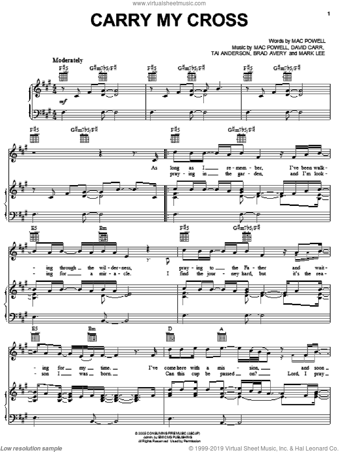 Carry My Cross sheet music for voice, piano or guitar by Third Day, Brad Avery, David Carr, Mac Powell, Mark Lee and Tai Anderson, intermediate skill level