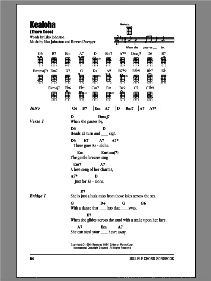 Kealoha (There Goes) sheet music for ukulele (chords) by Howard Zuenger and Liko Johnston, intermediate skill level
