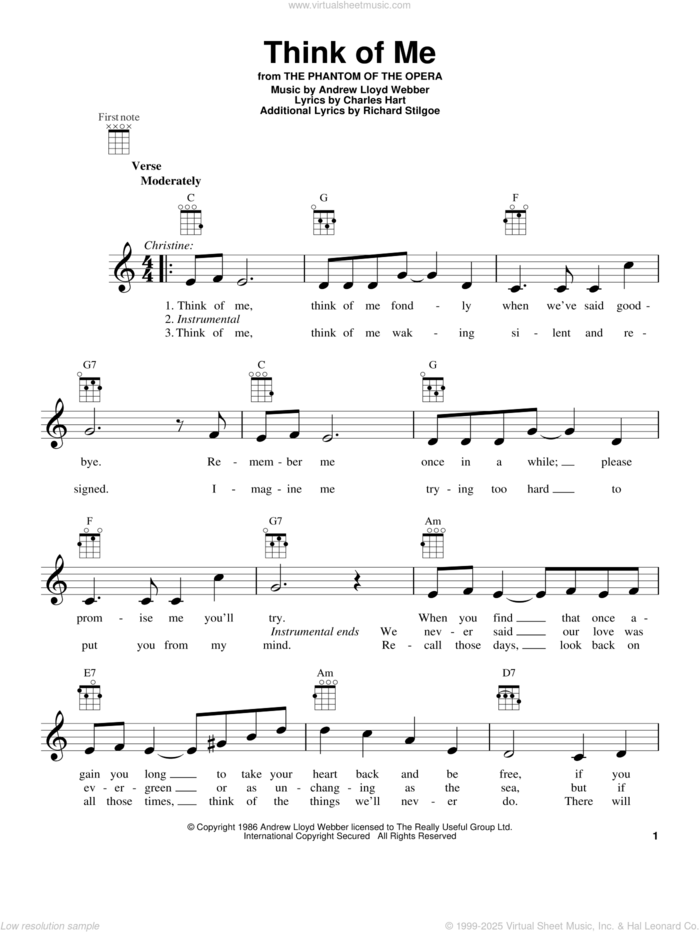 Think Of Me (from The Phantom Of The Opera) sheet music for ukulele by Andrew Lloyd Webber, intermediate skill level