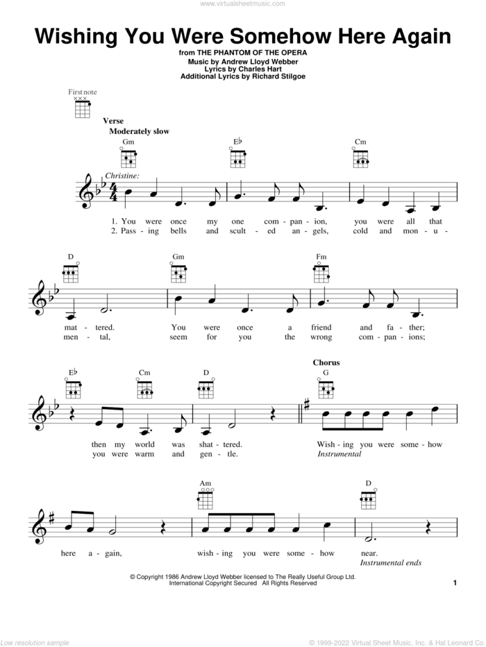 Wishing You Were Somehow Here Again (from The Phantom Of The Opera) sheet music for ukulele by Andrew Lloyd Webber, intermediate skill level