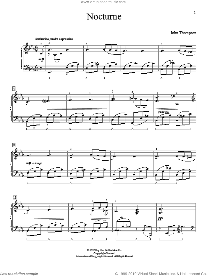 Nocturne sheet music for piano solo (elementary) by John Thompson, beginner piano (elementary)