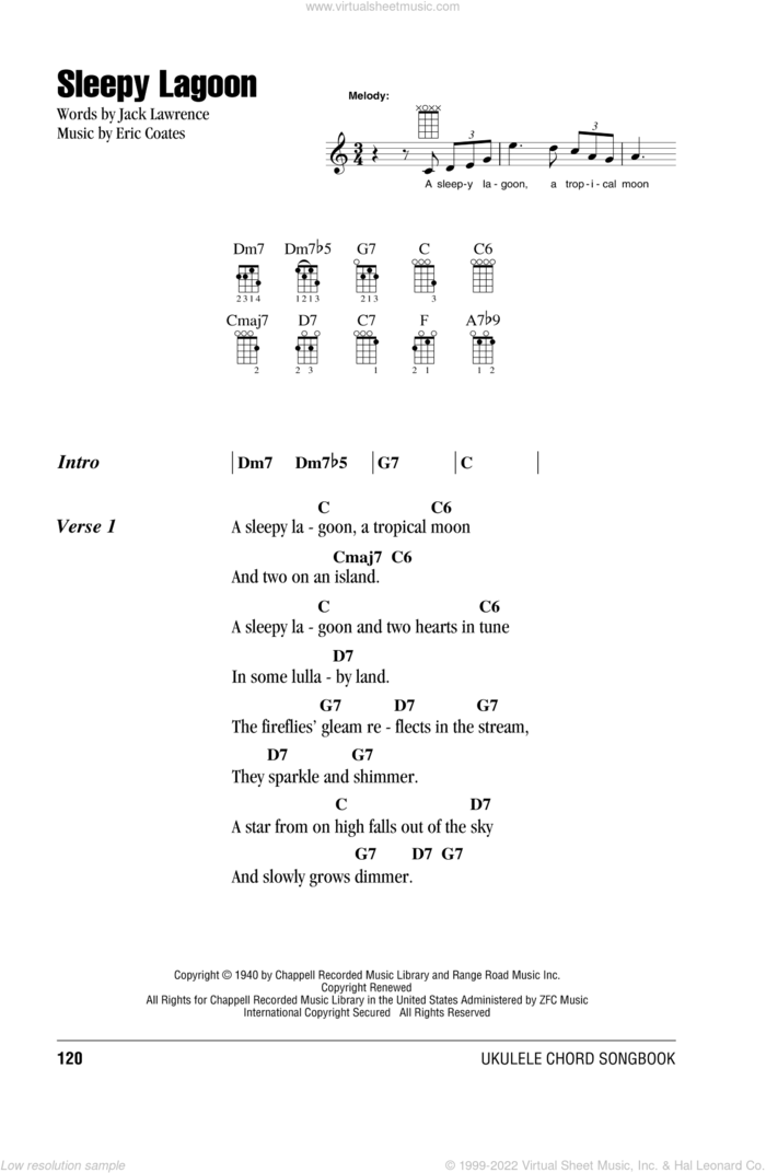 Sleepy Lagoon sheet music for ukulele (chords) by Eric Coates and Jack Lawrence, intermediate skill level