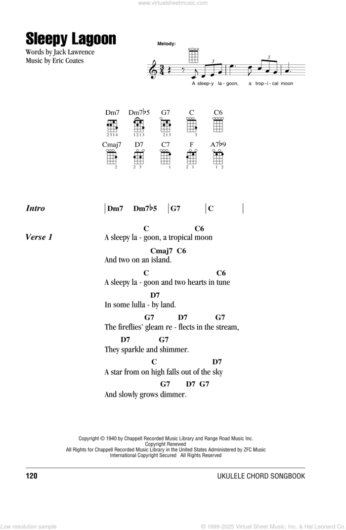 Sleepy Lagoon sheet music for ukulele (chords) by Eric Coates and Jack Lawrence, intermediate skill level