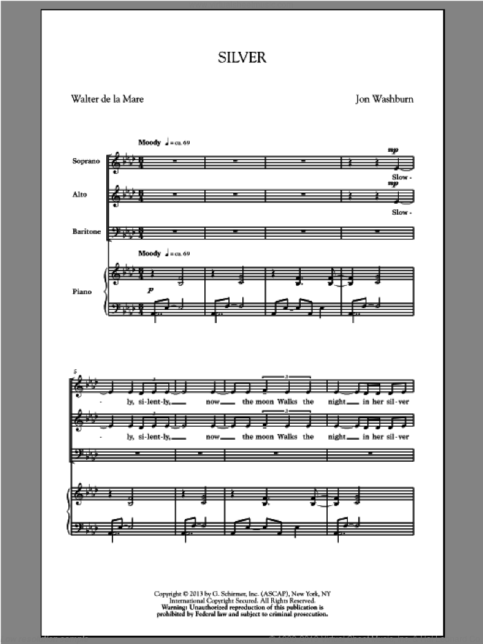 Silver sheet music for choir (SAB: soprano, alto, bass) by Jon Washburn and Walter De La Mare, intermediate skill level