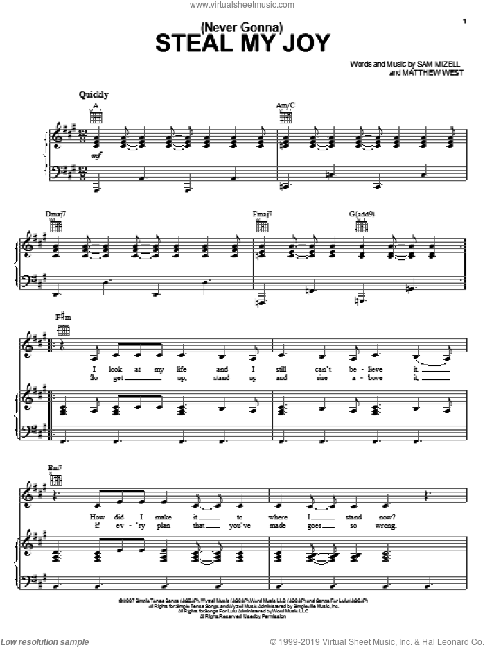 (Never Gonna) Steal My Joy sheet music for voice, piano or guitar by Mandisa, Matthew West and Sam Mizell, intermediate skill level