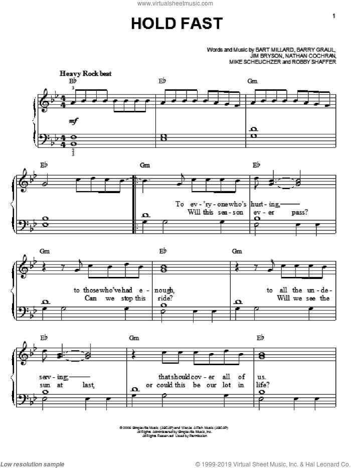 Hold Fast sheet music for piano solo by MercyMe, easy skill level