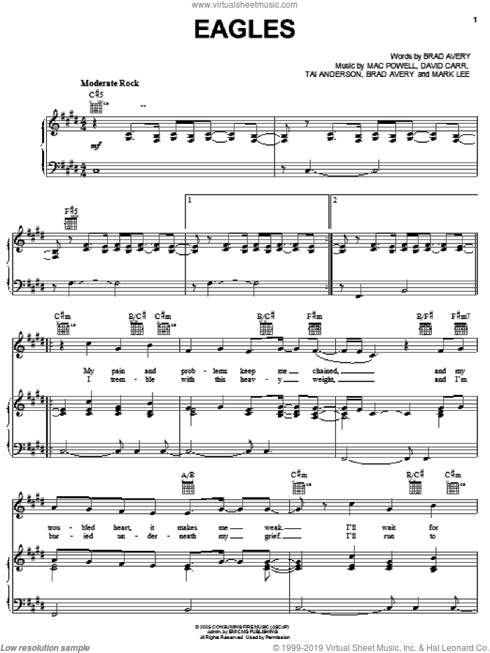 Eagles sheet music for voice, piano or guitar by Third Day, Brad Avery, David Carr, Mac Powell, Mark Lee and Tai Anderson, intermediate skill level