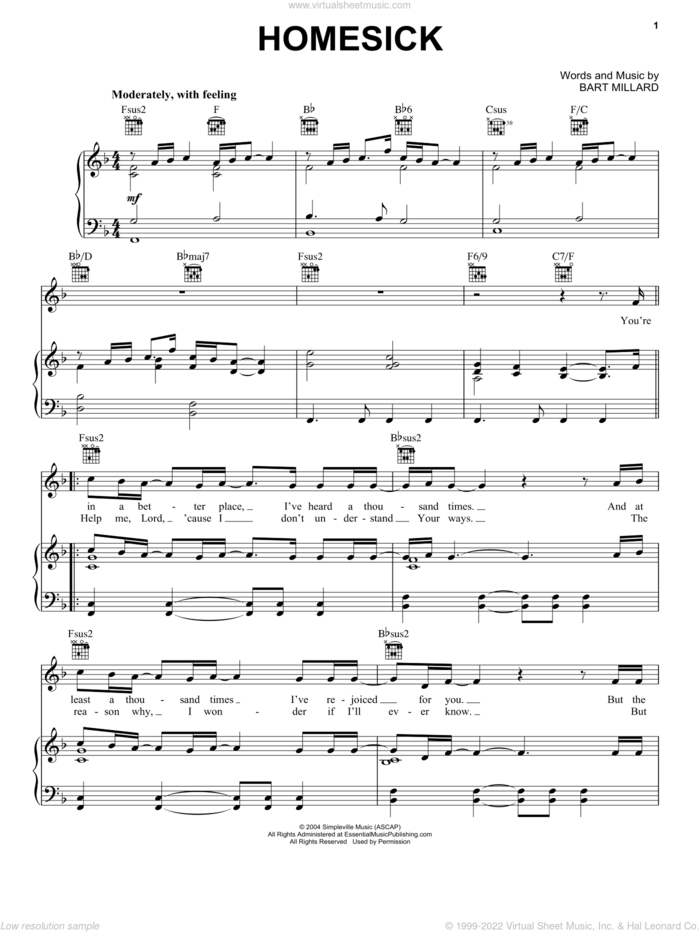Homesick sheet music for voice, piano or guitar by MercyMe and Bart Millard, intermediate skill level