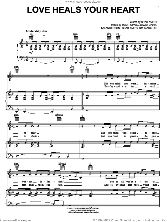 Love Heals Your Heart sheet music for voice, piano or guitar by Third Day, Brad Avery, David Carr, Mac Powell, Mark Lee and Tai Anderson, intermediate skill level