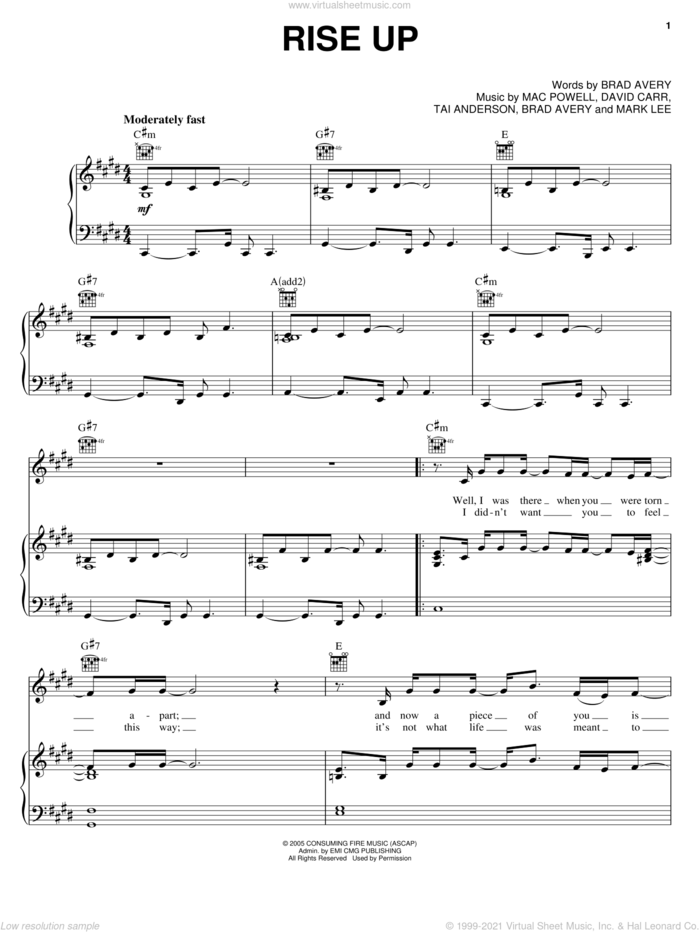 Rise Up sheet music for voice, piano or guitar by Third Day, Brad Avery, David Carr, Mac Powell, Mark Lee and Tai Anderson, intermediate skill level
