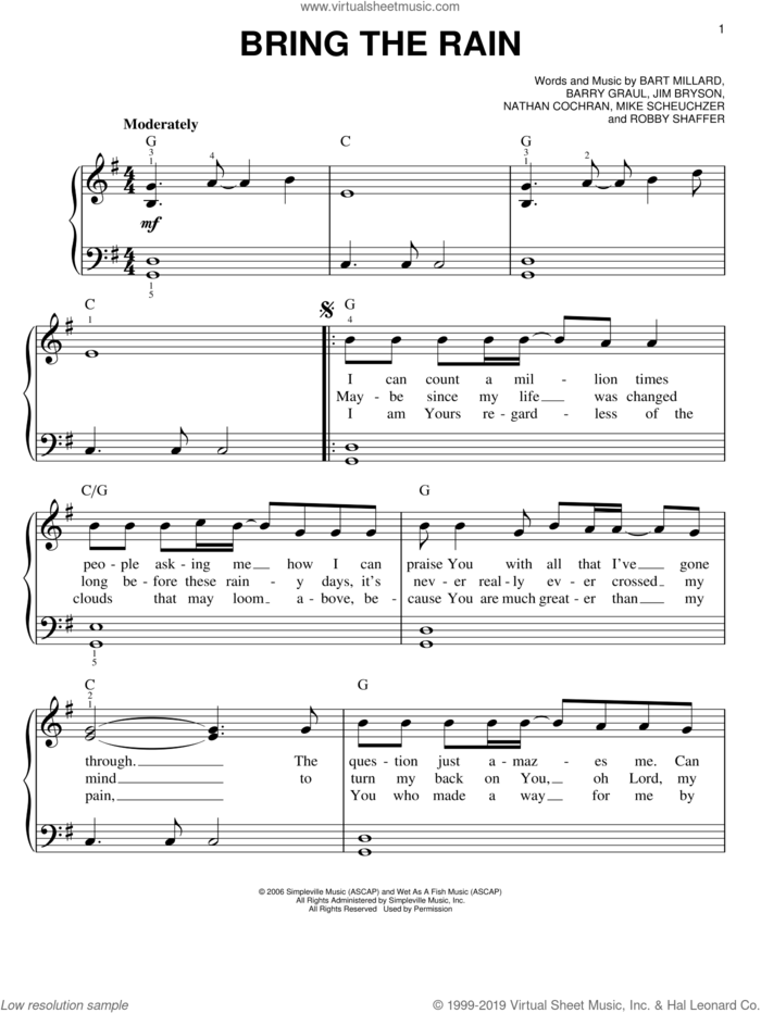 Bring The Rain sheet music for piano solo by MercyMe, easy skill level