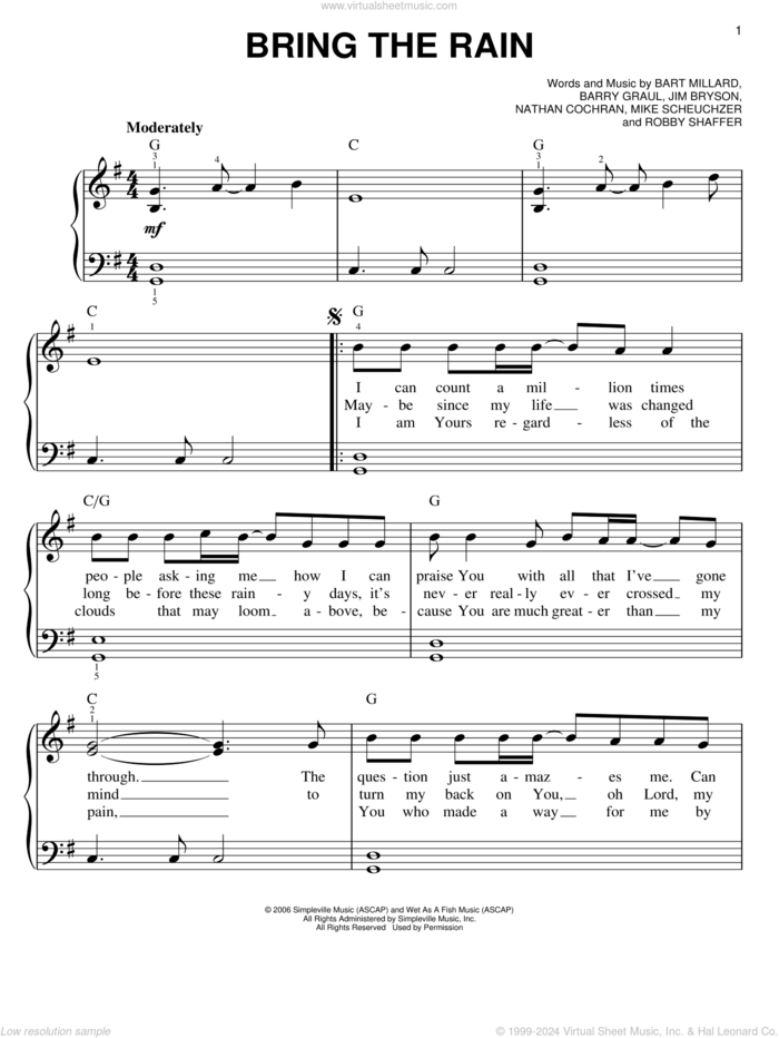 Bring The Rain sheet music for piano solo by MercyMe, easy skill level