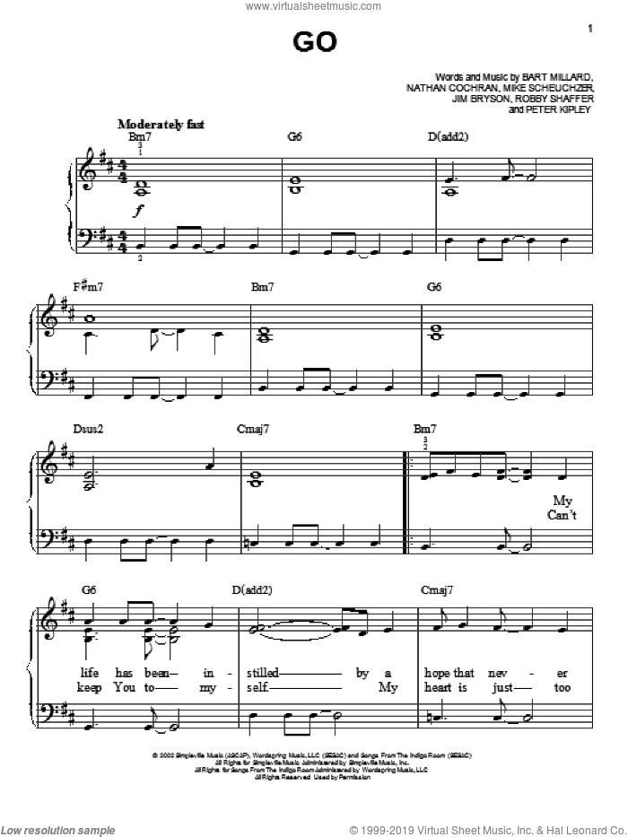 Go sheet music for piano solo by MercyMe, easy skill level