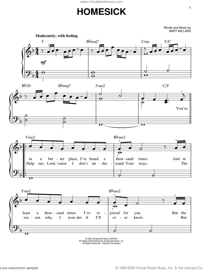 Homesick sheet music for piano solo by MercyMe and Bart Millard, easy skill level