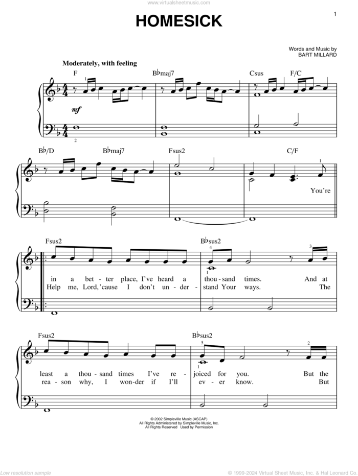 Homesick sheet music for piano solo by MercyMe and Bart Millard, easy skill level