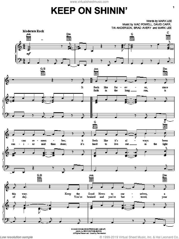 Keep On Shinin' sheet music for voice, piano or guitar by Third Day, Brad Avery, David Carr, Mac Powell, Mark Lee and Tai Anderson, intermediate skill level