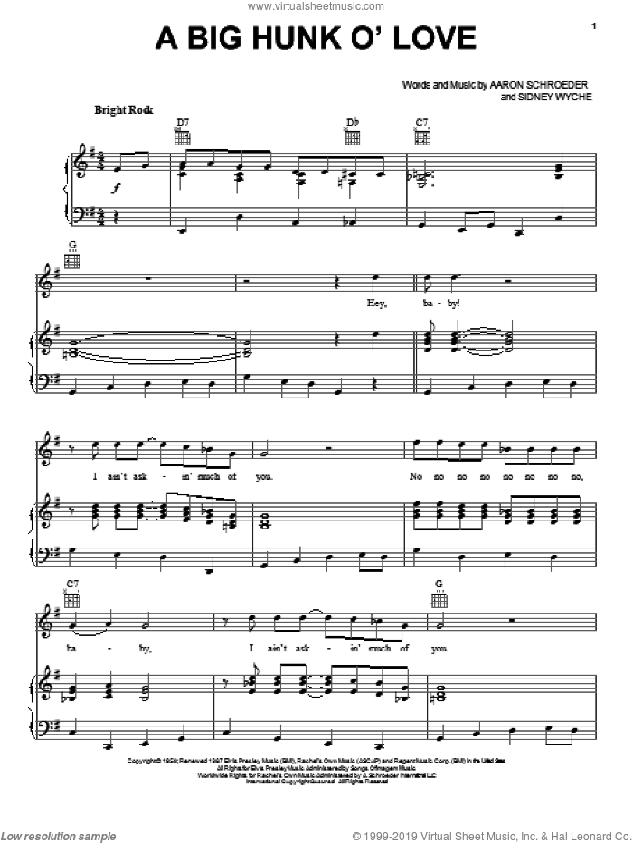 A Big Hunk O' Love sheet music for voice, piano or guitar by Elvis Presley, Aaron Schroeder and Sid Wyche, intermediate skill level