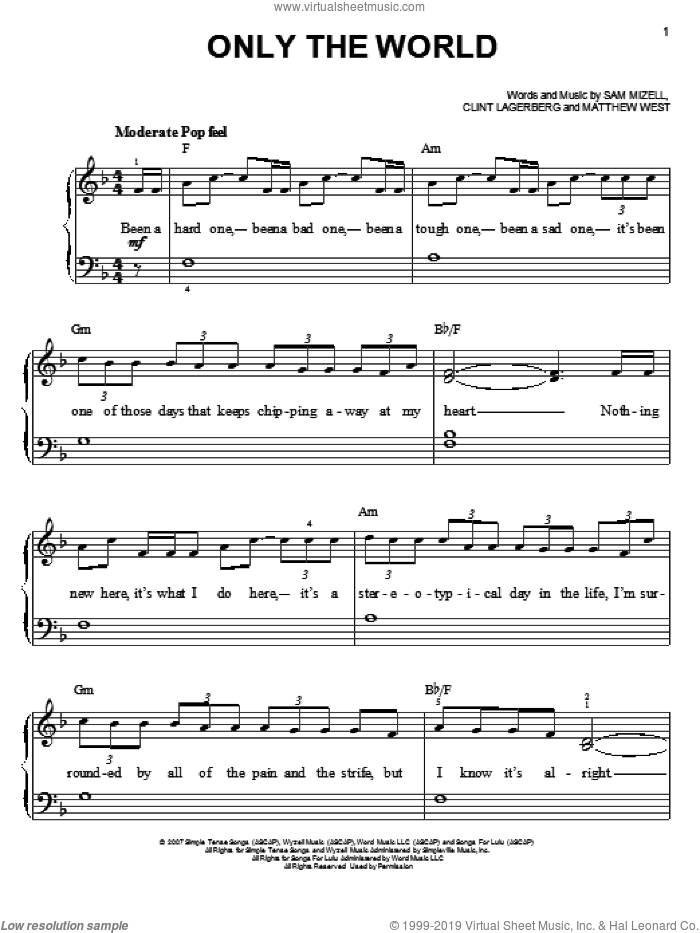 Only The World sheet music for piano solo by Mandisa, easy skill level