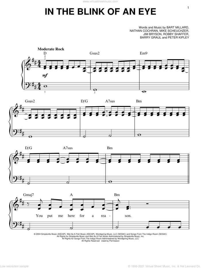 In The Blink Of An Eye sheet music for piano solo by MercyMe, easy skill level