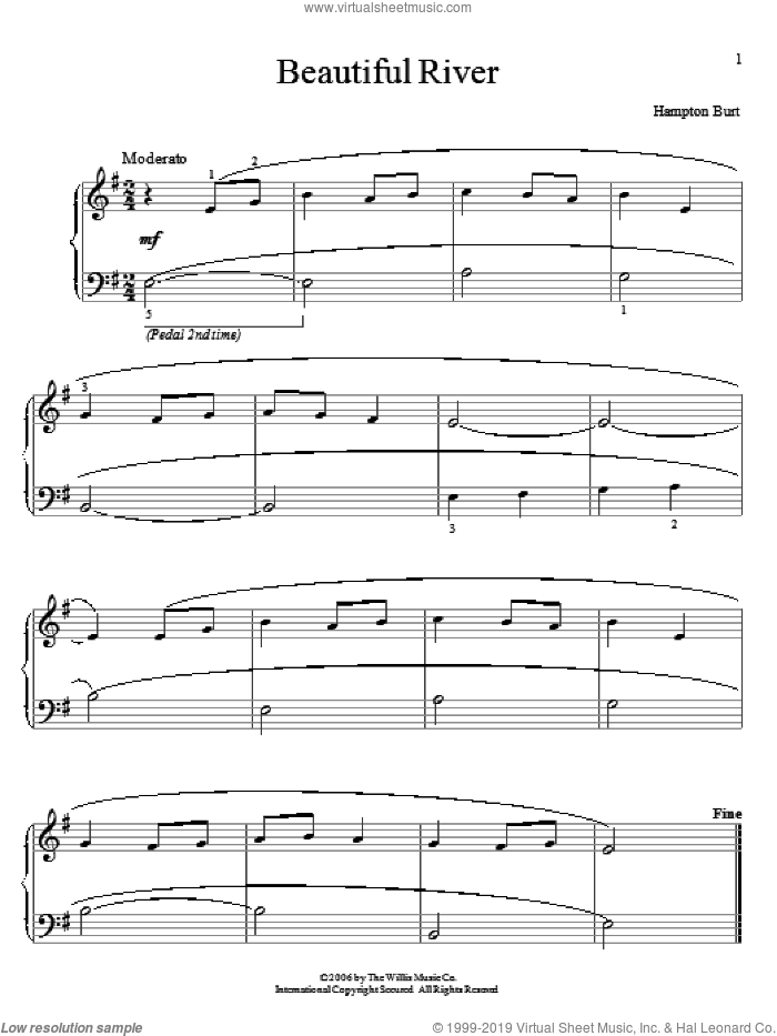 Beautiful River sheet music for piano solo (elementary) by Hampton Burt, beginner piano (elementary)