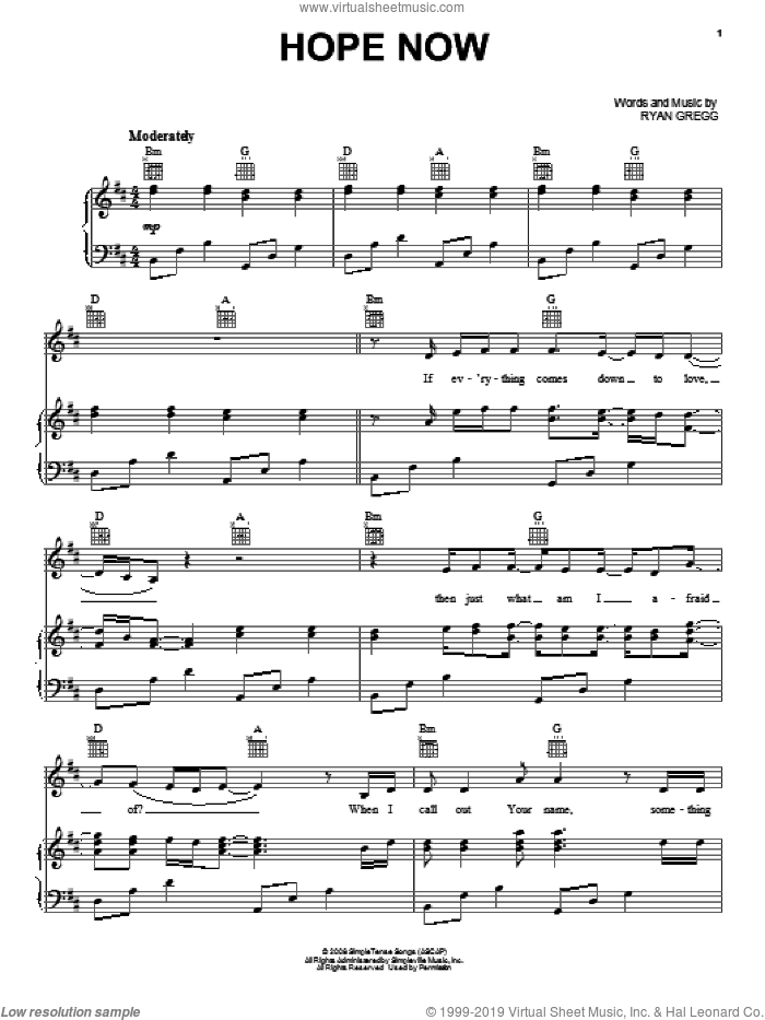 Hope Now sheet music for voice, piano or guitar by Addison Road and Ryan Gregg, intermediate skill level