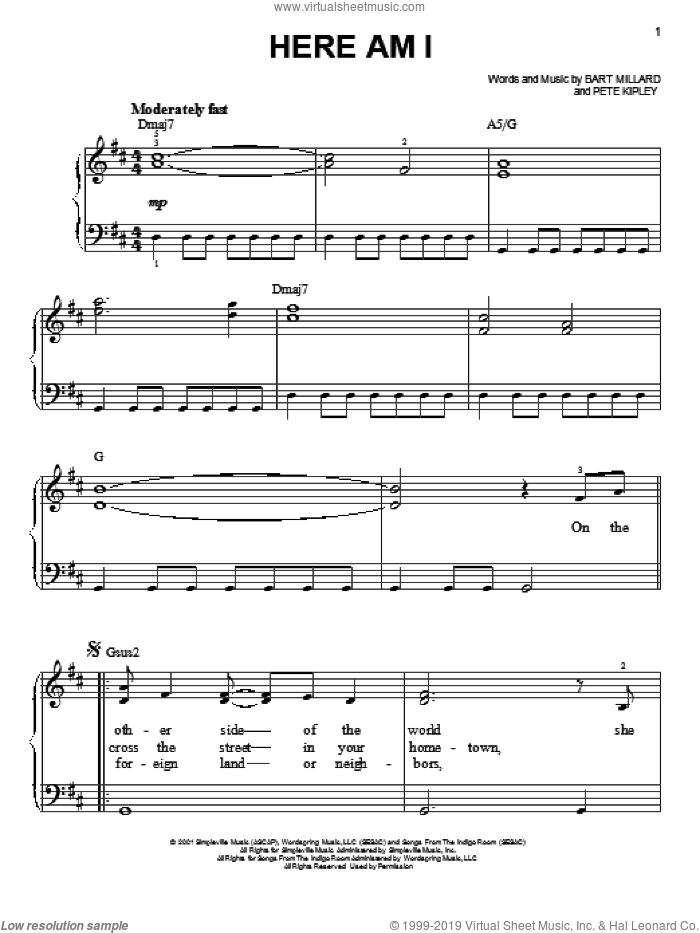 Here Am I sheet music for piano solo by MercyMe, easy skill level