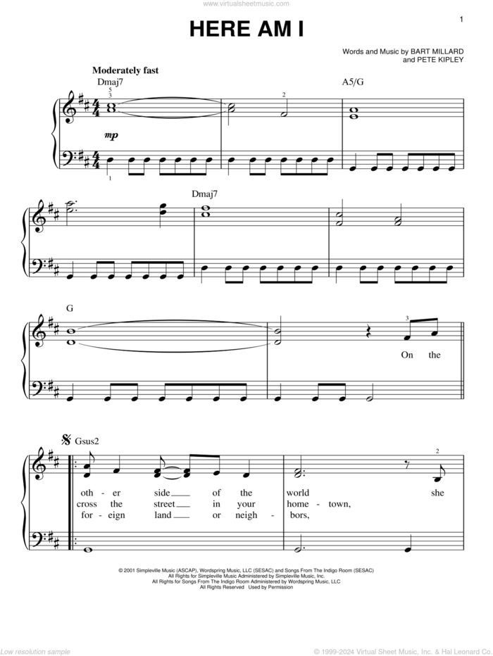 Here Am I sheet music for piano solo by MercyMe, easy skill level