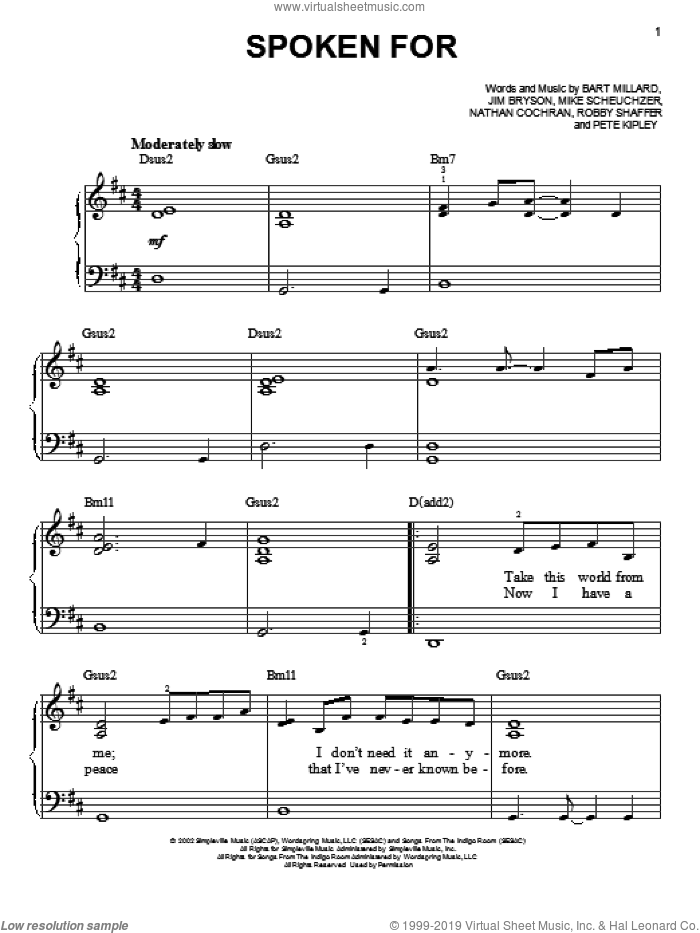 Spoken For sheet music for piano solo by MercyMe, easy skill level