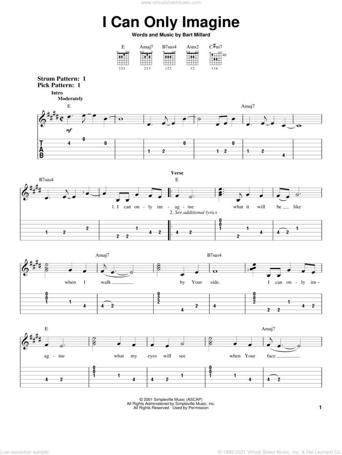I Can Only Imagine sheet music for guitar solo (easy tablature) by MercyMe, easy guitar (easy tablature)