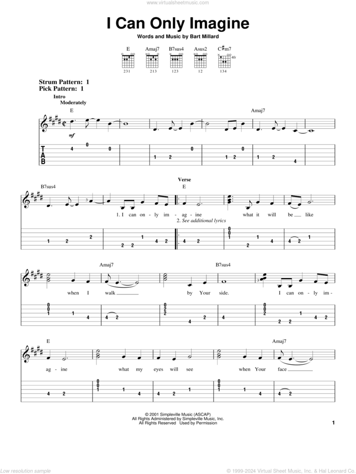 I Can Only Imagine sheet music for guitar solo (easy tablature) by MercyMe, easy guitar (easy tablature)