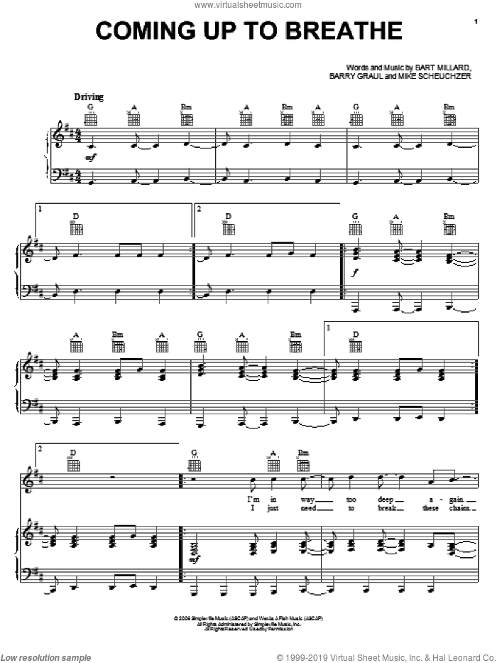 Coming Up To Breathe sheet music for voice, piano or guitar by MercyMe, intermediate skill level