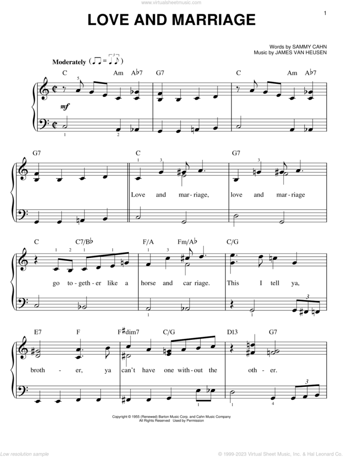 Love And Marriage sheet music for piano solo by Frank Sinatra, Jimmy van Heusen and Sammy Cahn, easy skill level