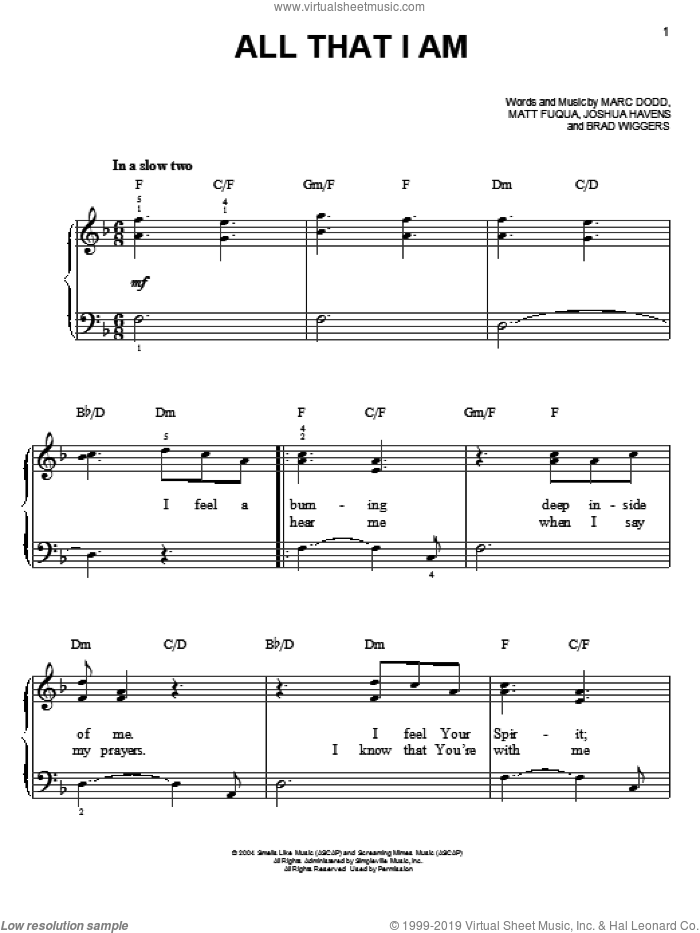 All That I Am sheet music for piano solo by The Afters, easy skill level