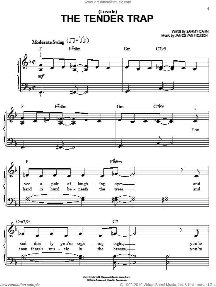 (Love Is) The Tender Trap sheet music for piano solo by Frank Sinatra, Jimmy van Heusen and Sammy Cahn, easy skill level
