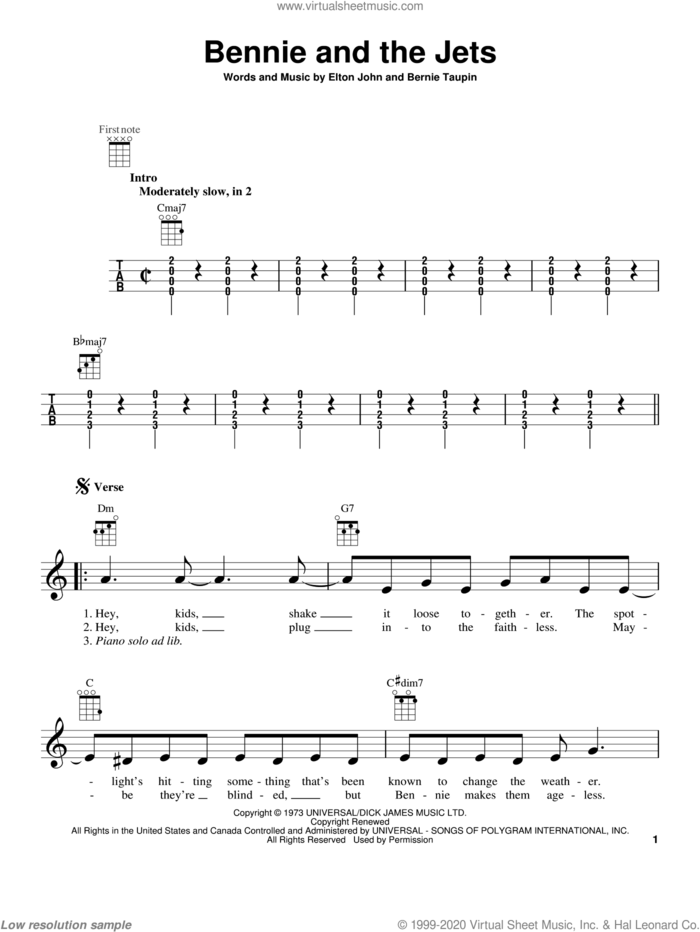 Bennie And The Jets sheet music for ukulele by Elton John, intermediate skill level