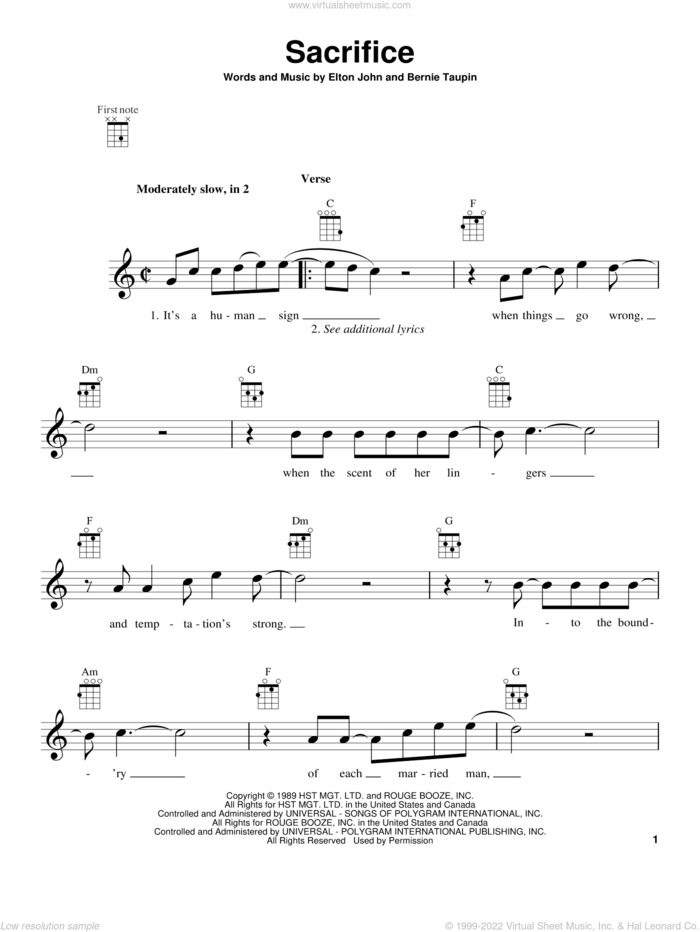 Sacrifice sheet music for ukulele by Elton John, intermediate skill level