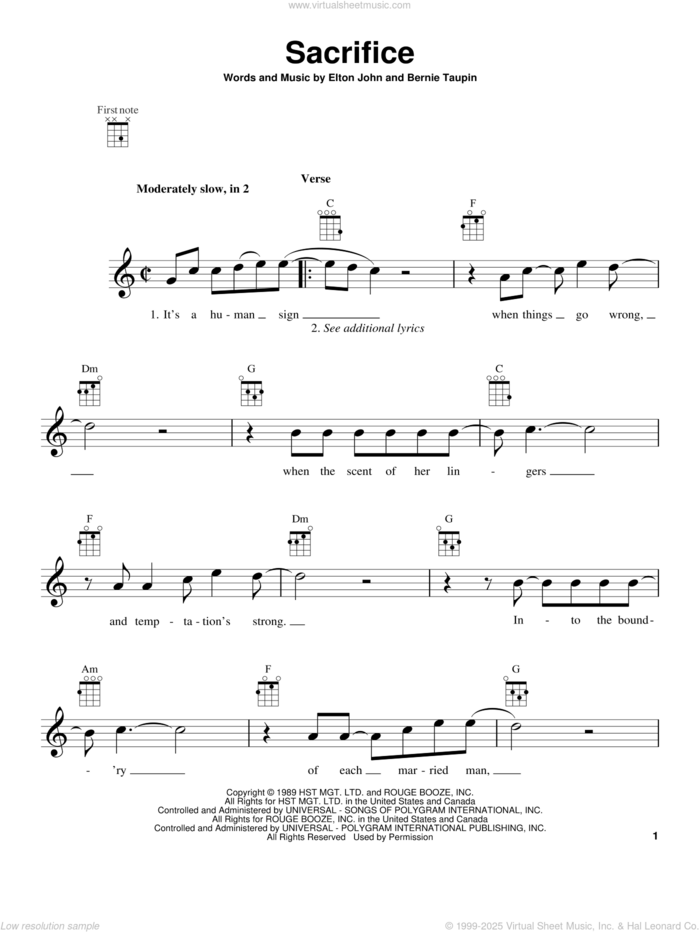 Sacrifice sheet music for ukulele by Elton John, intermediate skill level