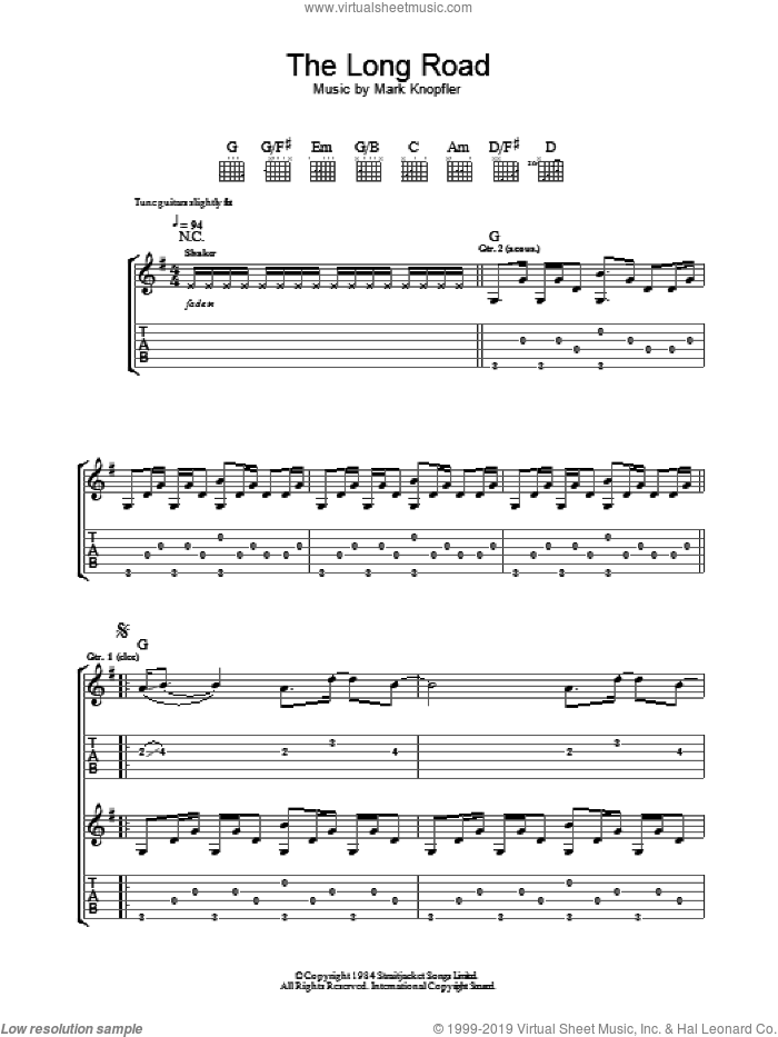 The Long Road (from Cal) sheet music for guitar (tablature) by Mark Knopfler, intermediate skill level