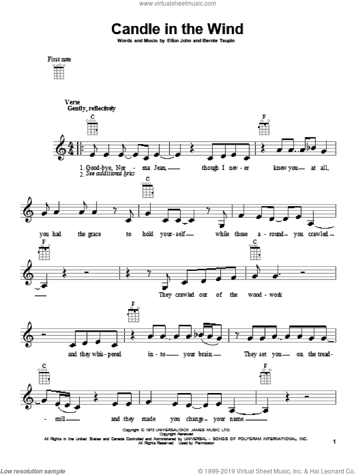 Candle In The Wind sheet music for ukulele by Elton John, intermediate skill level