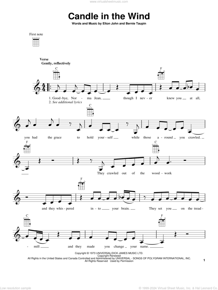 Candle In The Wind sheet music for ukulele by Elton John, intermediate skill level