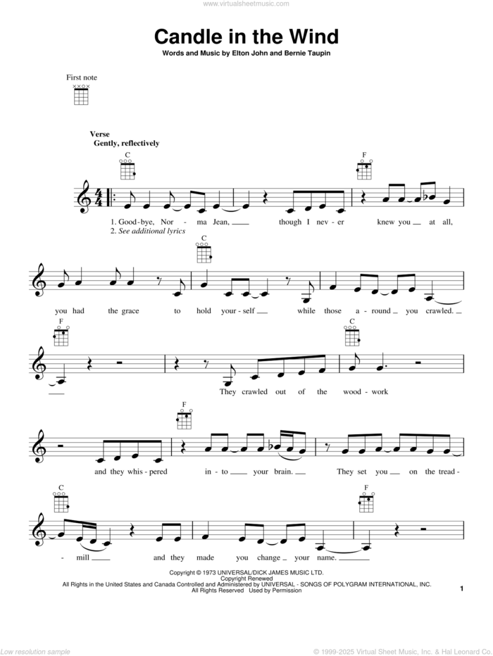 Candle In The Wind sheet music for ukulele by Elton John, intermediate skill level