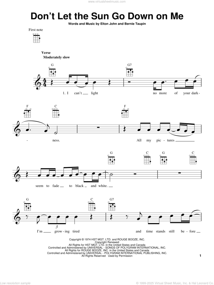 Don't Let The Sun Go Down On Me sheet music for ukulele by Elton John, intermediate skill level