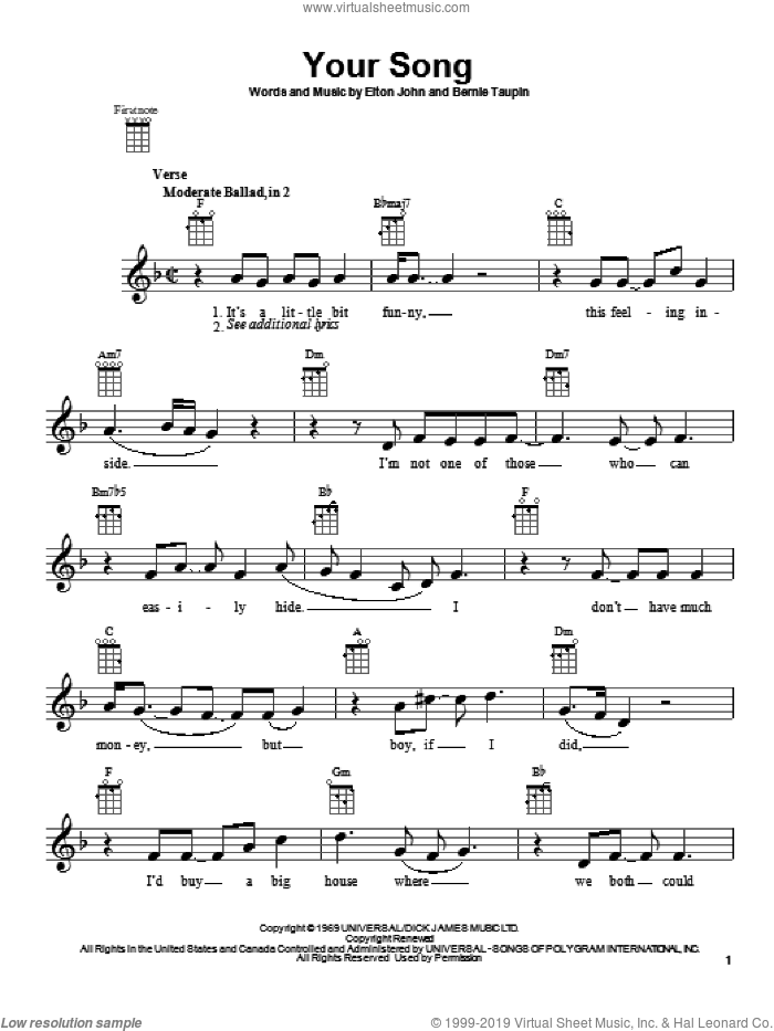 Your Song sheet music for ukulele by Elton John, intermediate skill level