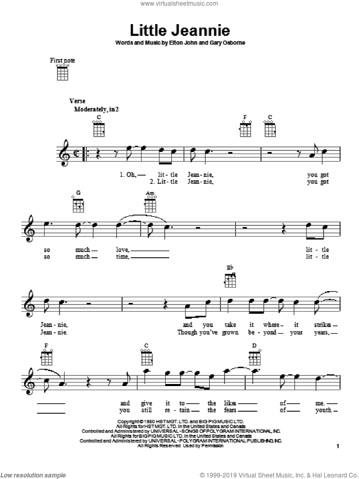 Little Jeannie sheet music for ukulele by Elton John, intermediate skill level