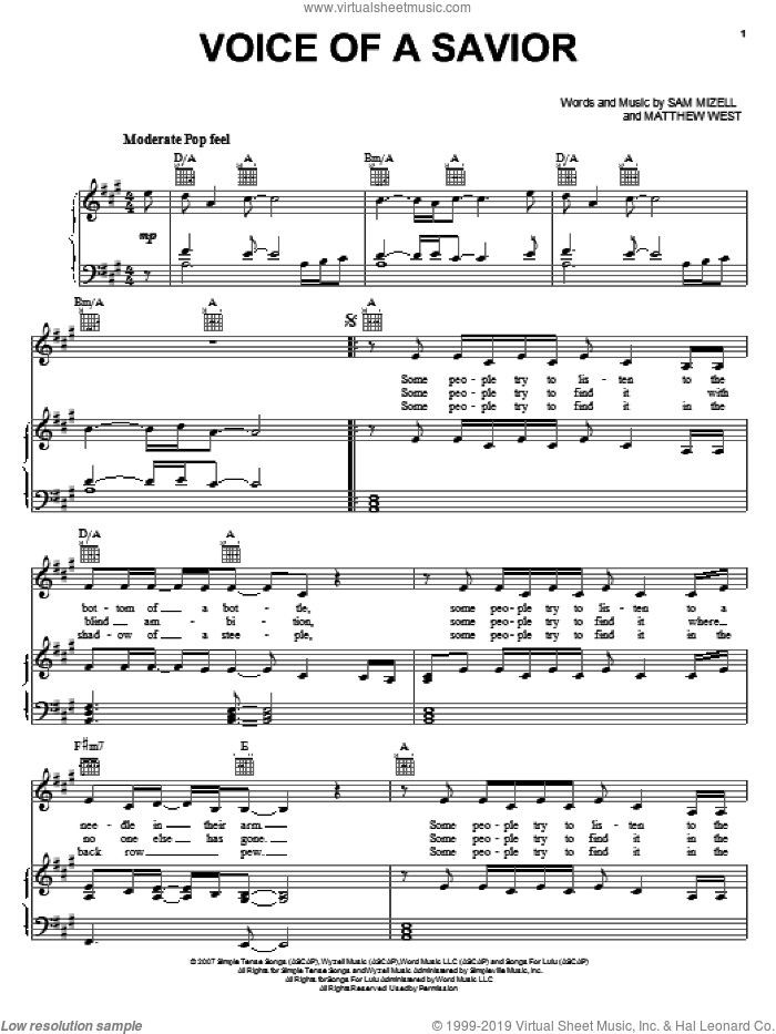 Voice Of A Savior sheet music for voice, piano or guitar by Mandisa, Matthew West and Sam Mizell, intermediate skill level