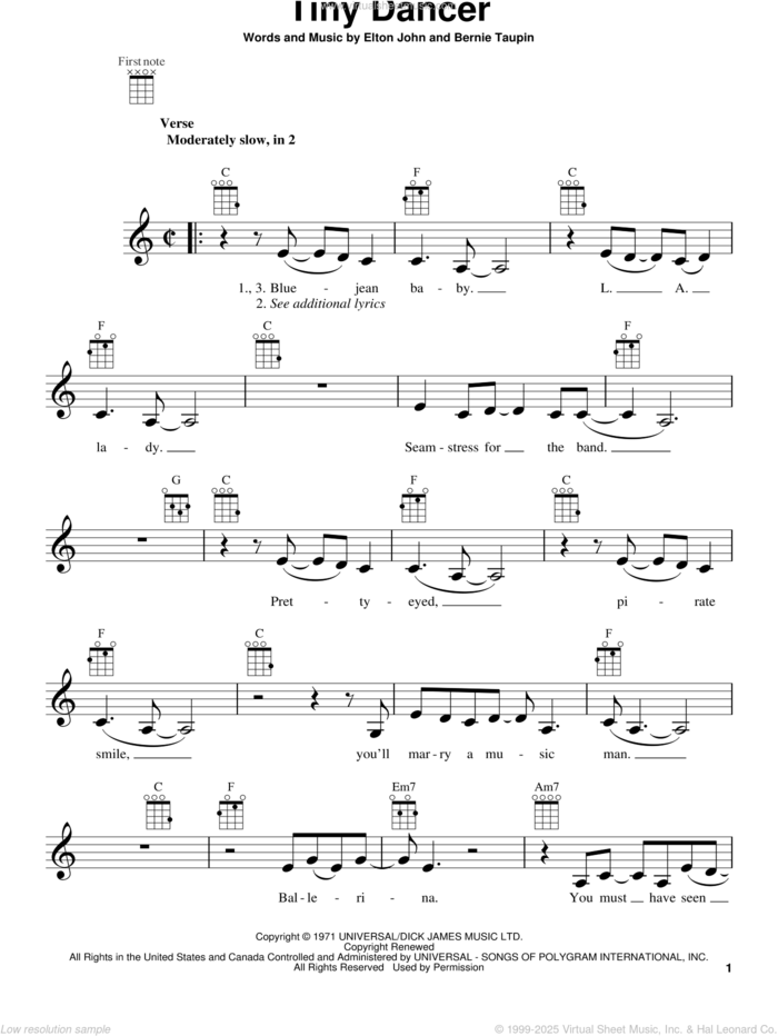 Tiny Dancer sheet music for ukulele by Elton John, intermediate skill level