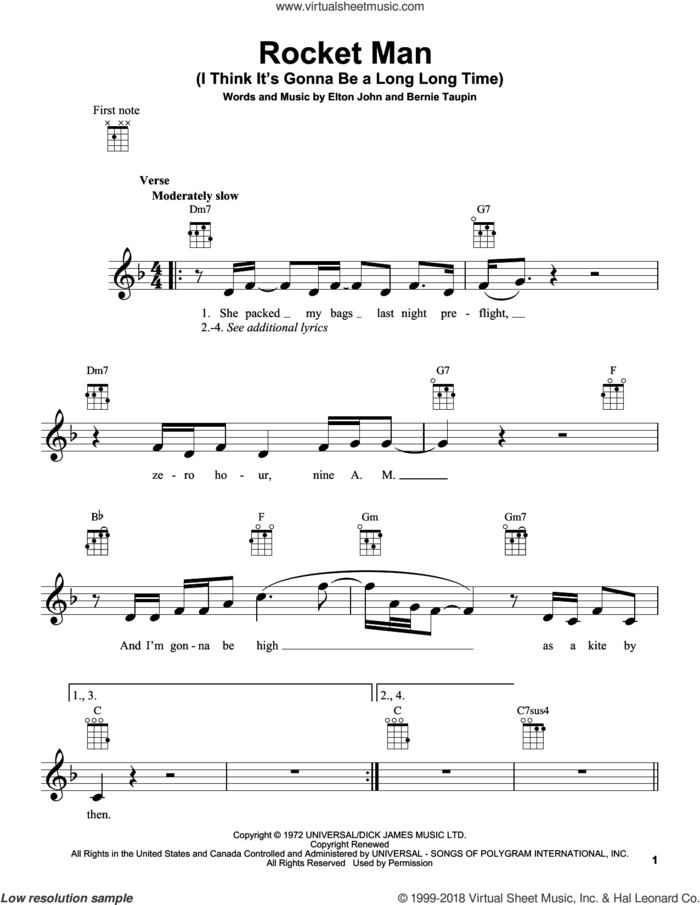 Rocket Man (I Think It's Gonna Be A Long Long Time) sheet music for ukulele by Elton John, intermediate skill level