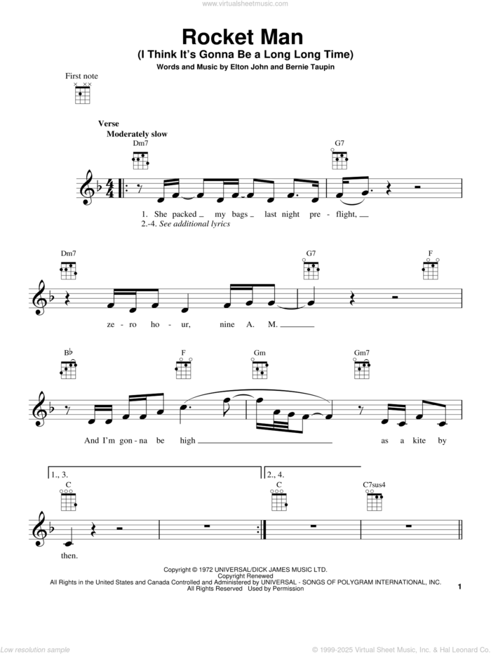 Rocket Man (I Think It's Gonna Be A Long Long Time) sheet music for ukulele by Elton John, intermediate skill level