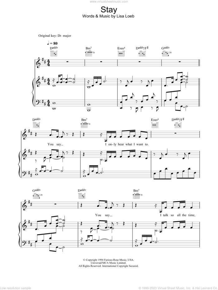 Stay (I Missed You) sheet music for voice, piano or guitar by Lisa Loeb, intermediate skill level