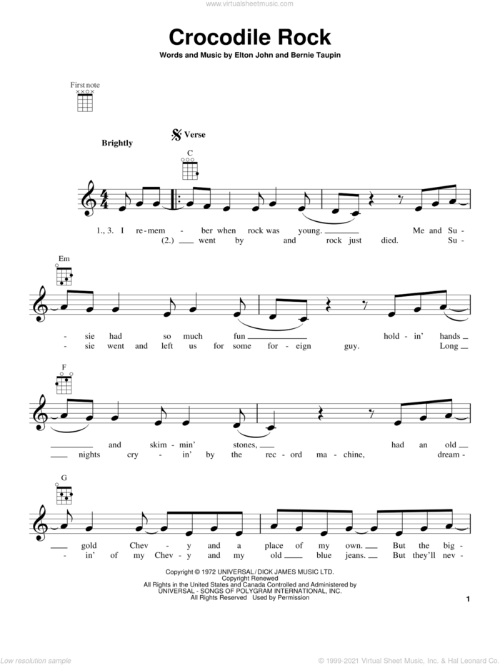 Crocodile Rock sheet music for ukulele by Elton John, intermediate skill level